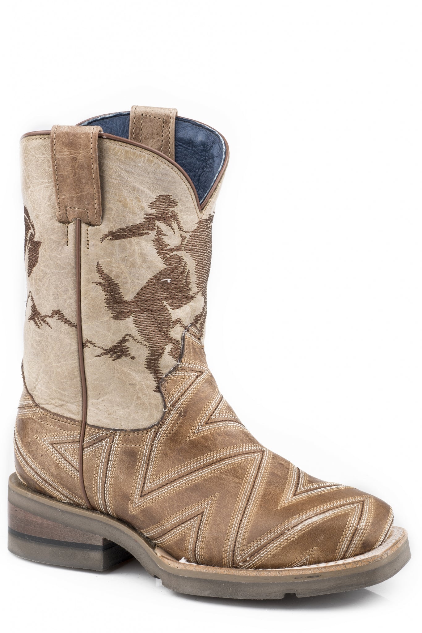 Roper Boys Stitched Burnished Tan/Embroidered Horse Rider Leather Boots