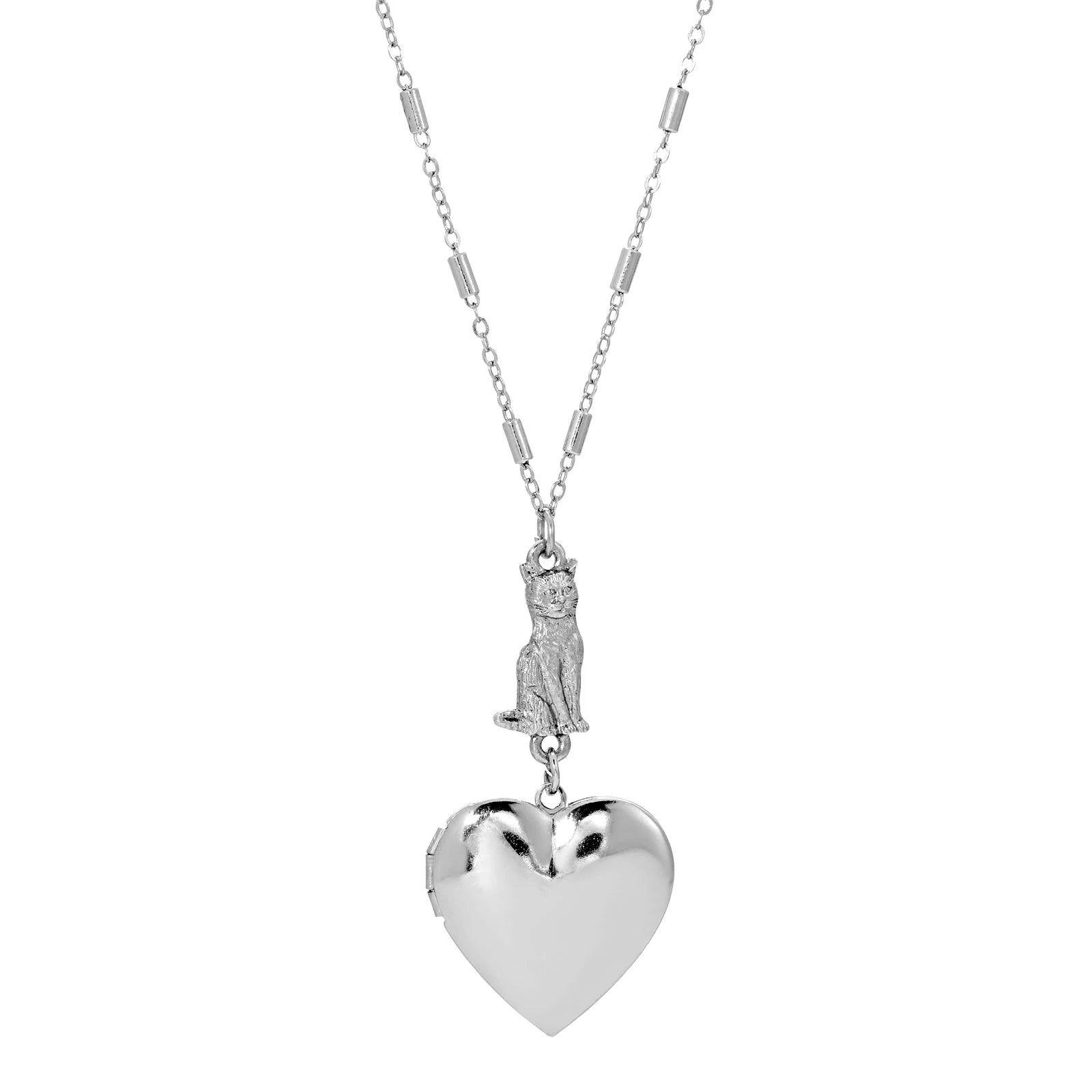1928 Jewelry Sitting Cat And Heart Locket Necklace