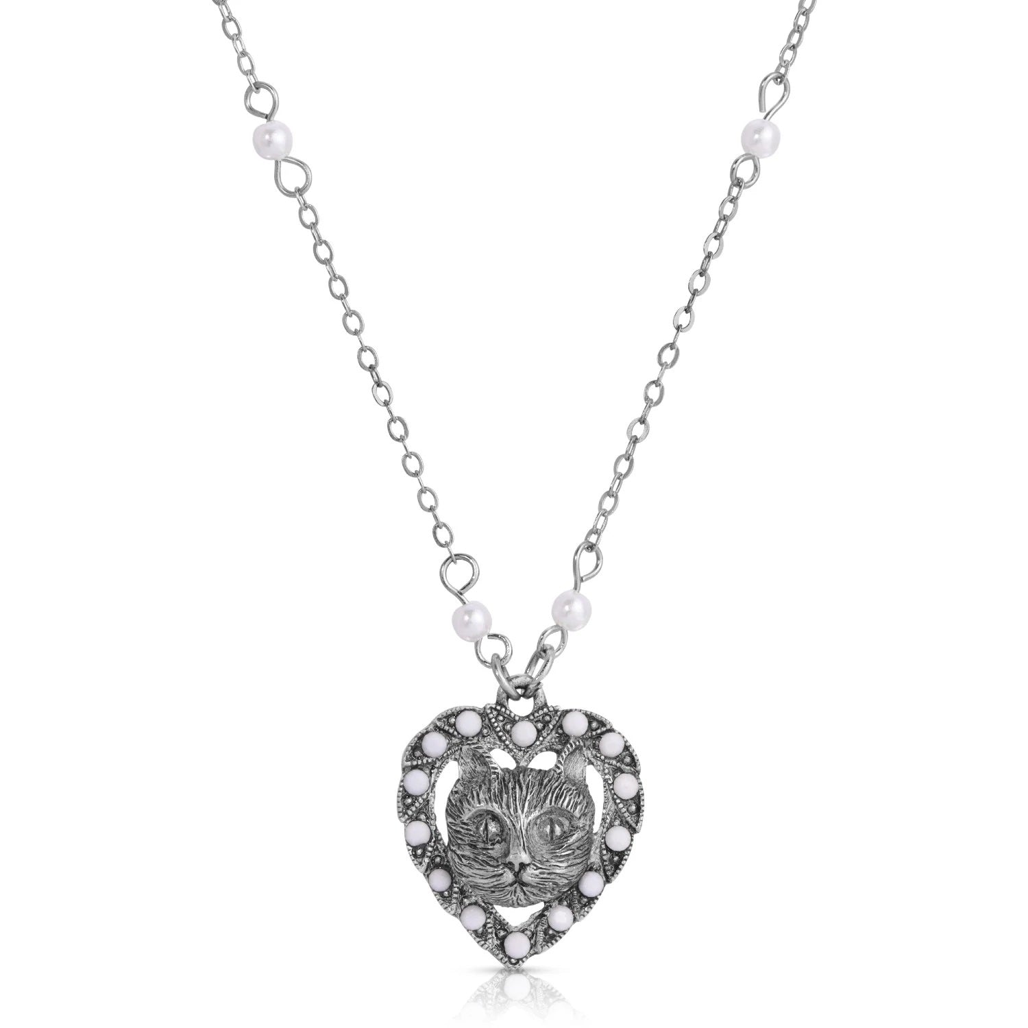 1928 Jewelry Heart And Cat White Opaque Accent Stone Faux Pearl Pendant Necklace