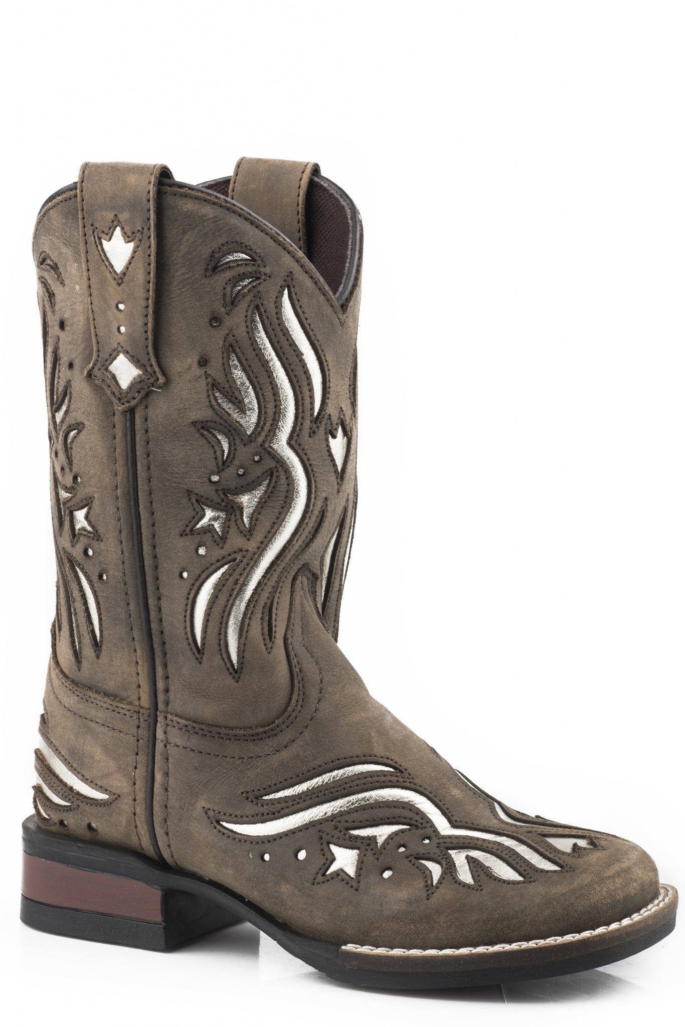 Roper Kids Brown Oiled Leather/Silver Metallic Boots