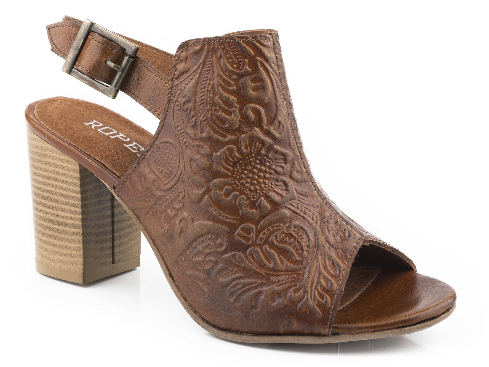 Roper Ladies Floral Embossed Leather Open Toe Mules