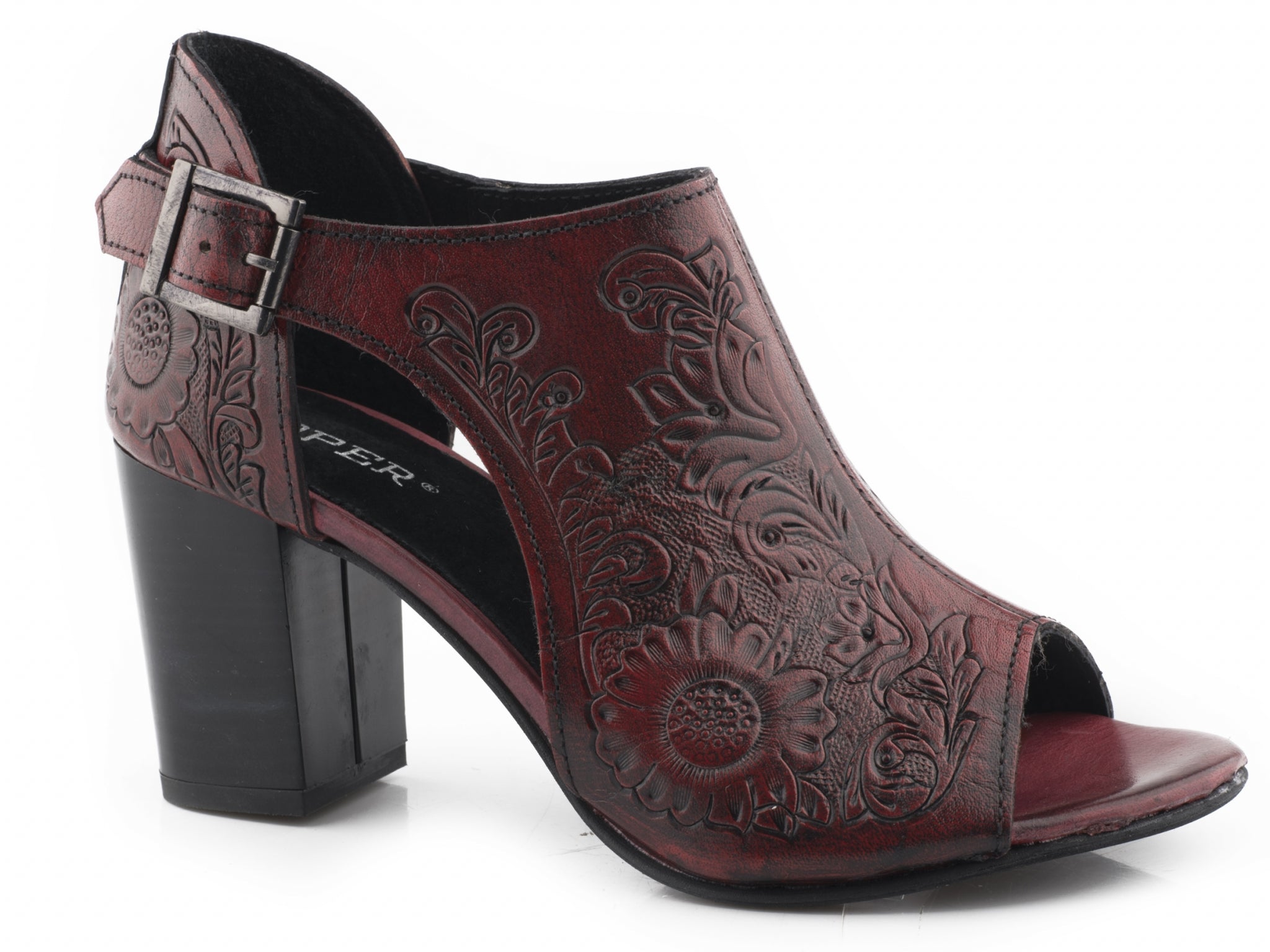 Roper Ladies Floral Tooled Leather Closed Back Open Toe Mules