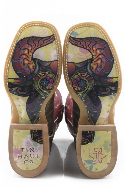 Tin Haul Ladies Square Toe Boots - Super Nova Star with Bull Doodles Sole