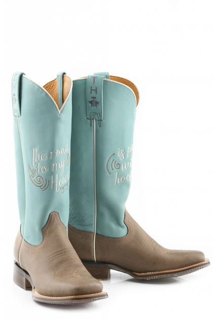 Tin Haul Ladies Square Toe Boots - A Cowgirls Motto with Born To Be Free Sole