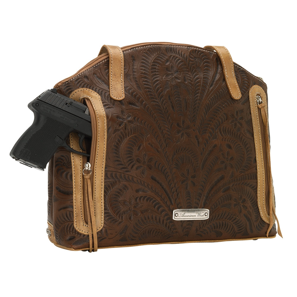 American West Annie's Secret Collection Zip Top Half Moon Tote with Conceal Carry Pocket on Back