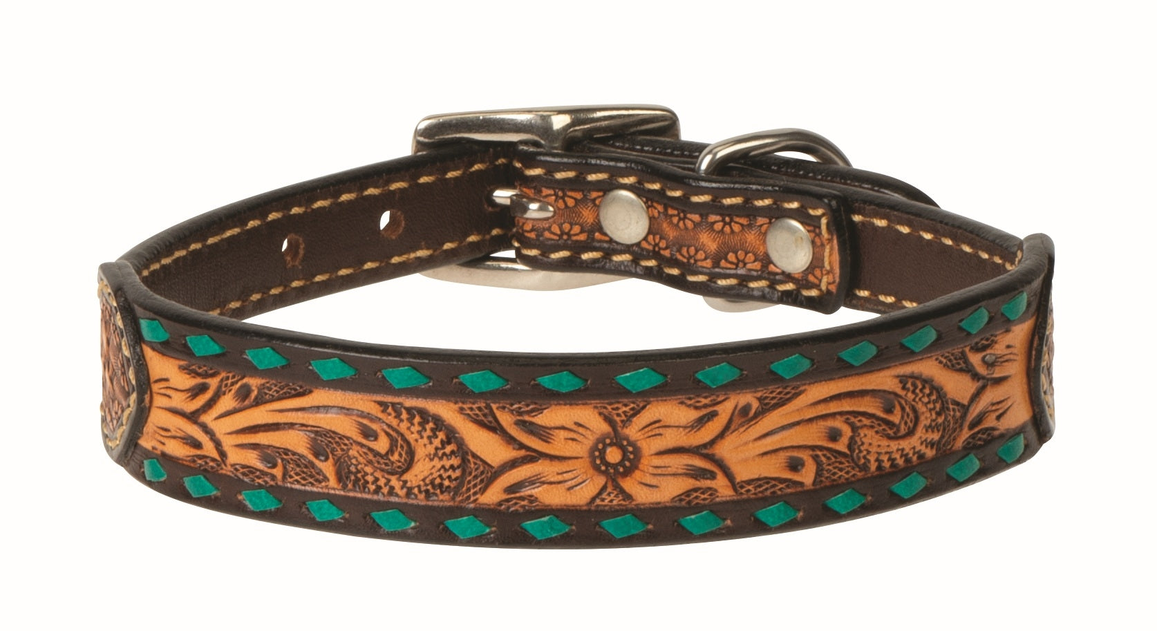 Weaver Turquoise Cross Floral Buckstitch Dog Collar