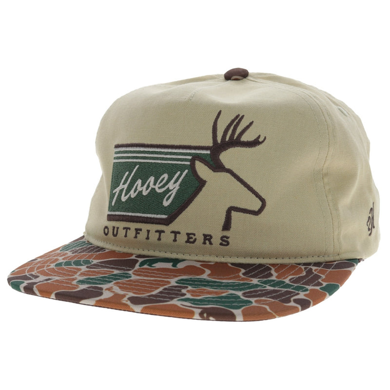 Hooey Carrizo Tan 5-Panel Trucker Hat with Green/Brown Hooey Buck Logo and Camo Bill