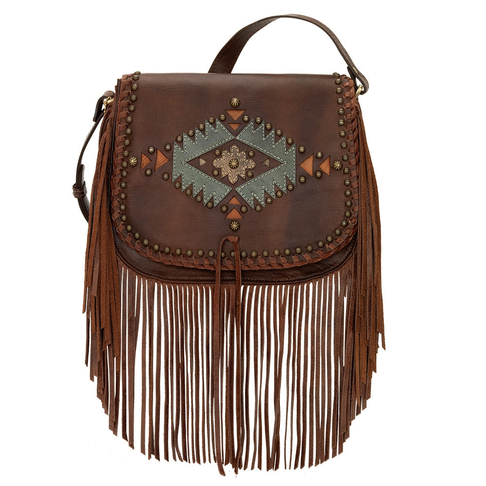 AMERICAN WEST Pueblo Moon Fringe Crossbody Flap Bag - Charcoal Brown