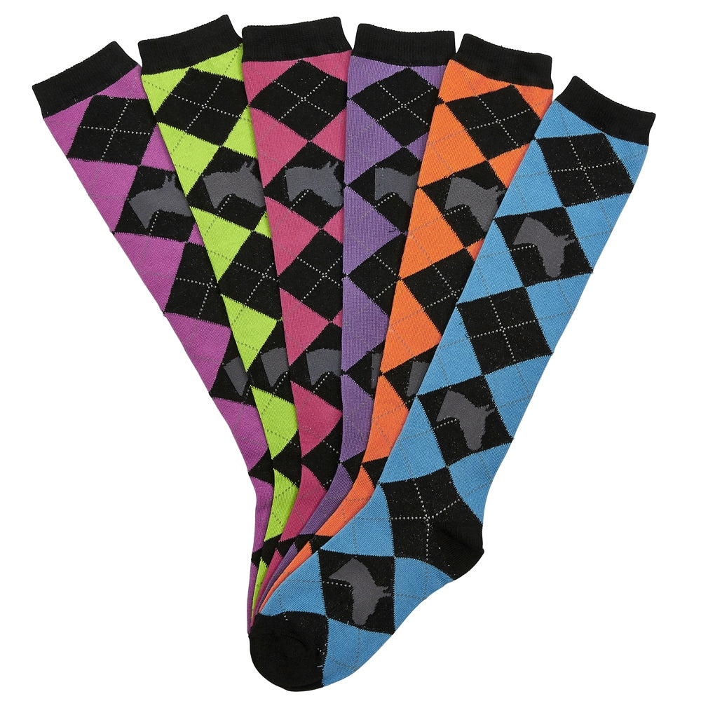 Ladies Horse Head Argyle Knee Socks - 6 Pack