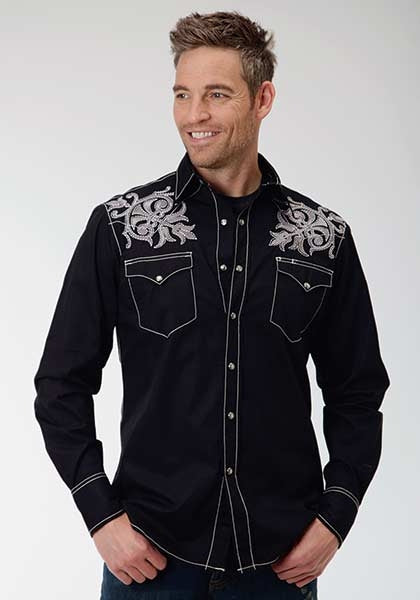 Roper Performance Mens Yarn Dyed Solid Poplin Long Sleeve Snap Shirt - Black