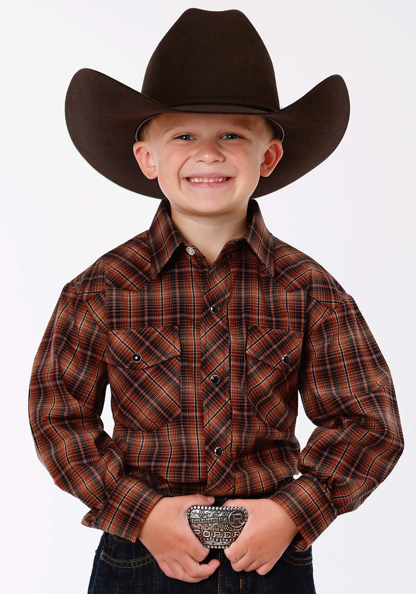 Roper Boys Plaid Snap Western Shirt - Rust