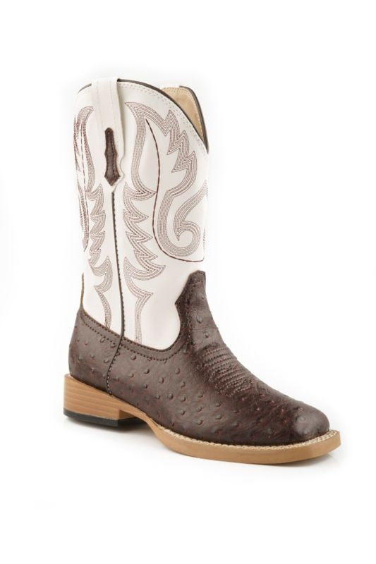Roper Kids Sq Toe 9in Faux Ostrich Brown Boots