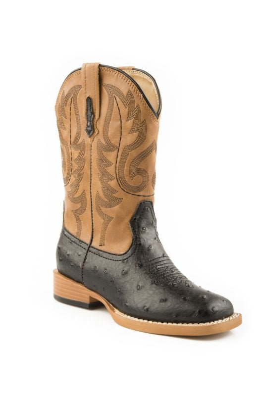 Roper Mens Sq Toe 11in Faux Ostrich Blk Boots