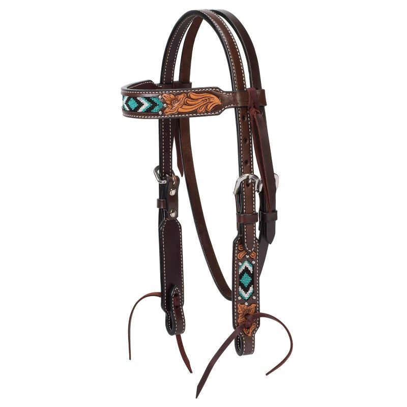 Weaver Turq Cross Turq Bead Flor Pony BB Headstall