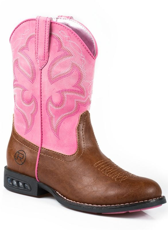 Roper Kids Rnd Toe Tan/Pink Light Up Boots