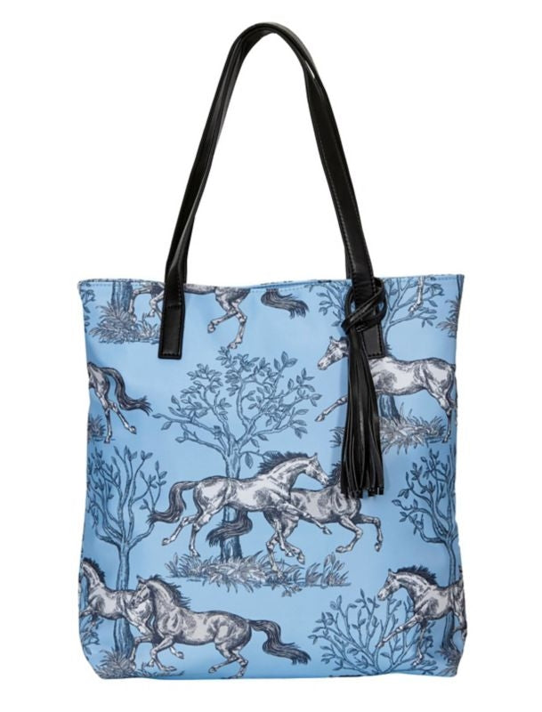 Lila Blue Toile Pattern Tote Bag with Tassel