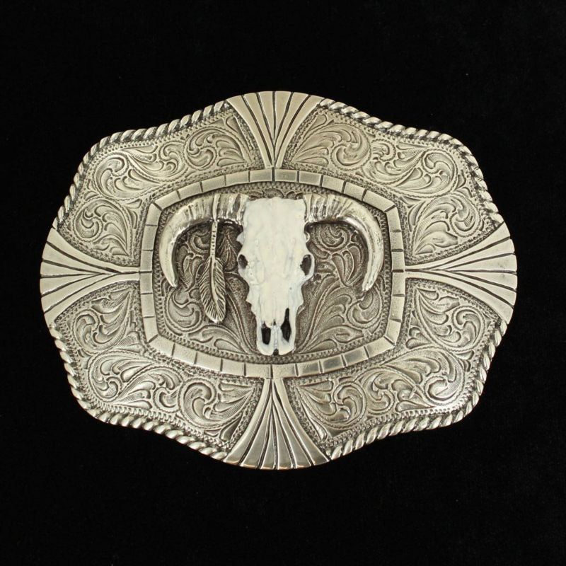 Nocona Mens Rect Roped Edge White Steer Buckle