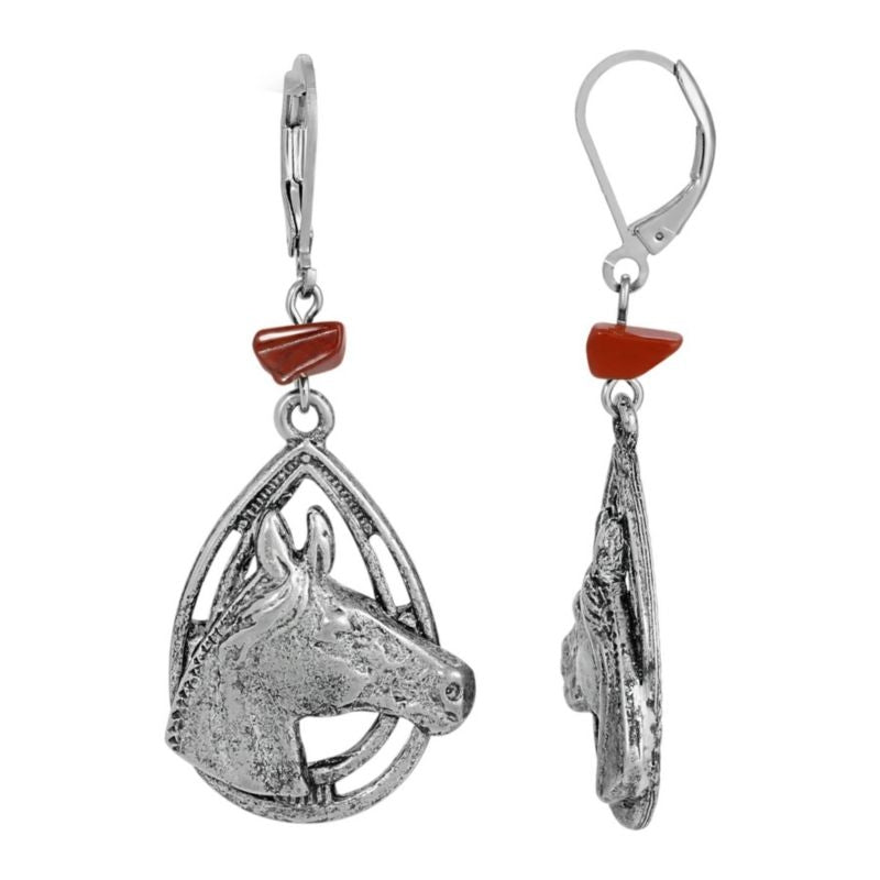 1928 Jewelry Red Jasper Stone Horse Head Earrings