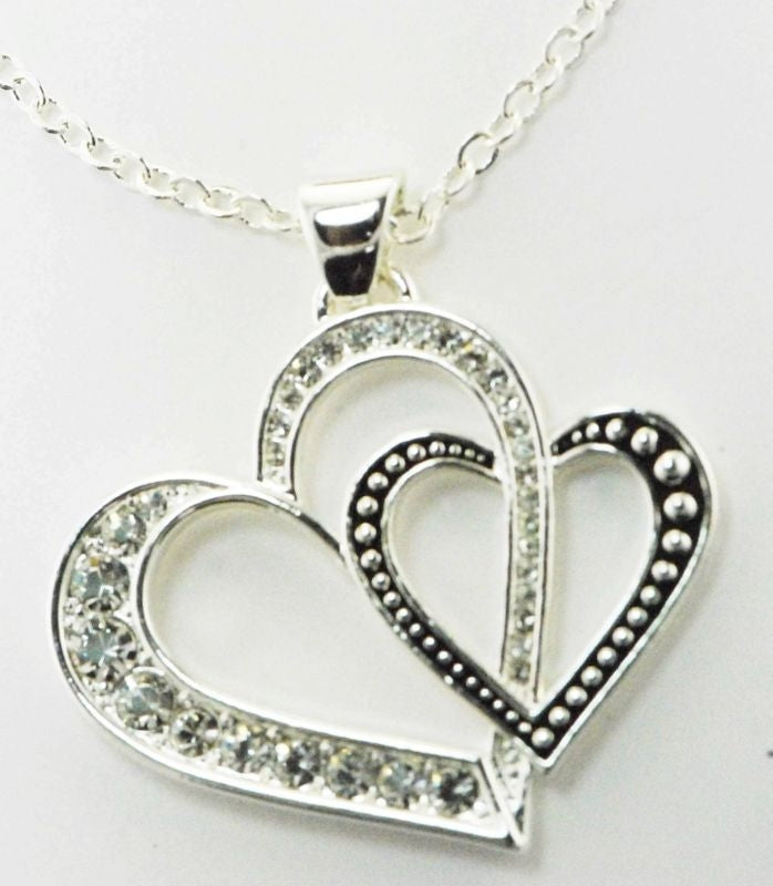 Western Edge Double Heart Necklace Blk/Slvr
