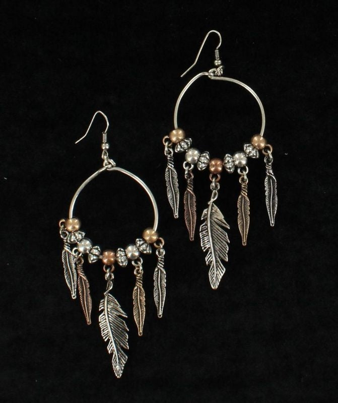 Multi Tone Feather Drop Hoop Earrings Black/White