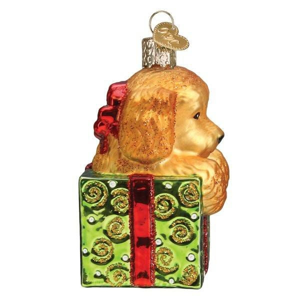 Glass Puppy Present 3.5in Ornament