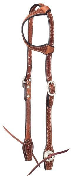 Leather Single Ear Headstall/Basket Stamp Brn