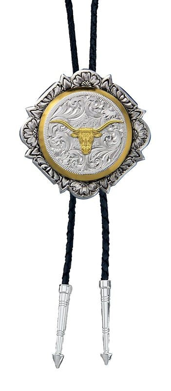 Montana Silver Gold Engraved Button Bolo Tie