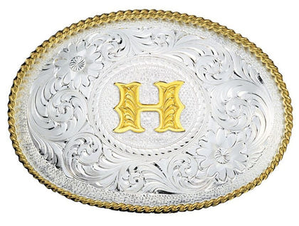 Initial Silver Engrave Gold Trim Belt Buckle B Brn