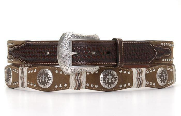 Nocona Three Cross Concho Scallop Belt 30 Brown