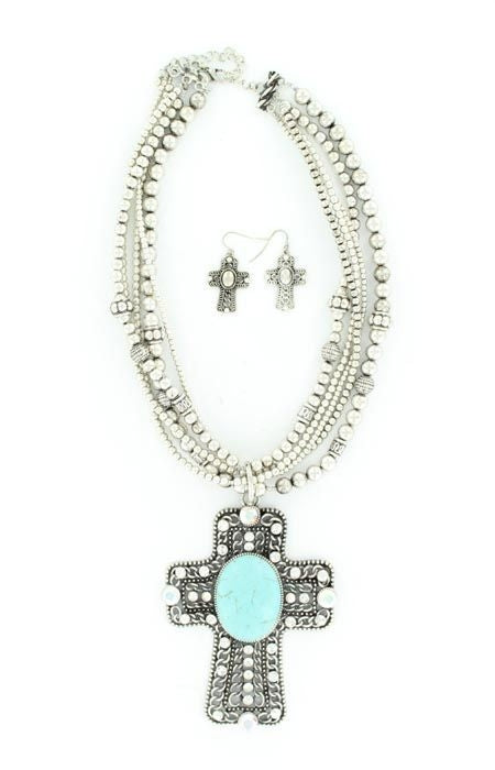 Blazin Roxx Large Crystal Cross Necklace SetBk/Wh