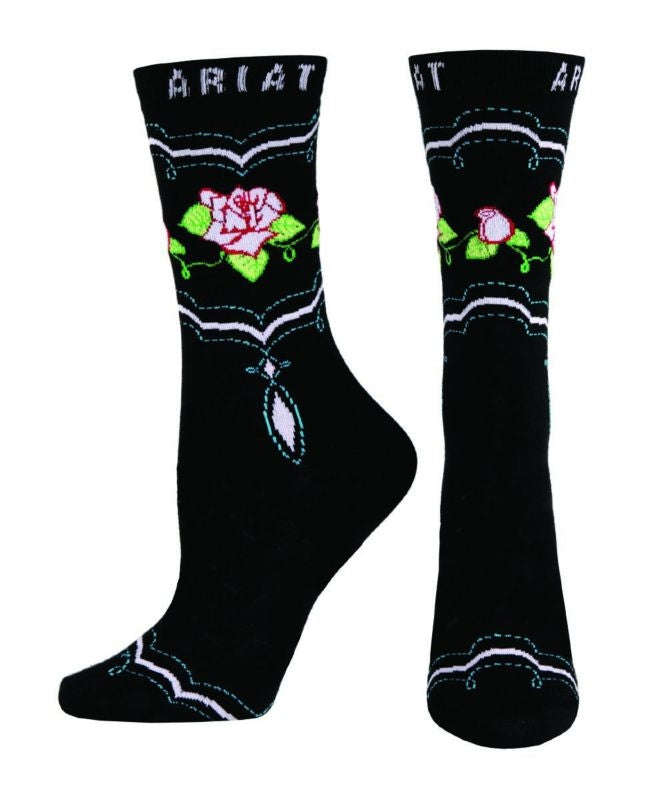Ariat Womens West Rose Crew Sock Black