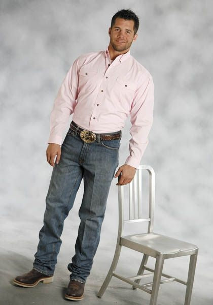 Roper Mens Poplin LS Button Down Shirt Pink