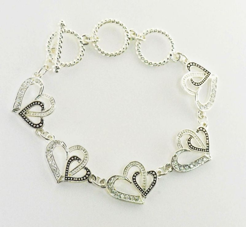 Western Edge Double Heart Toggle Bracelet Blk/Slvr