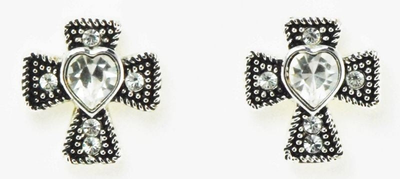 Western Edge Cross with Heart Earrings Crystal