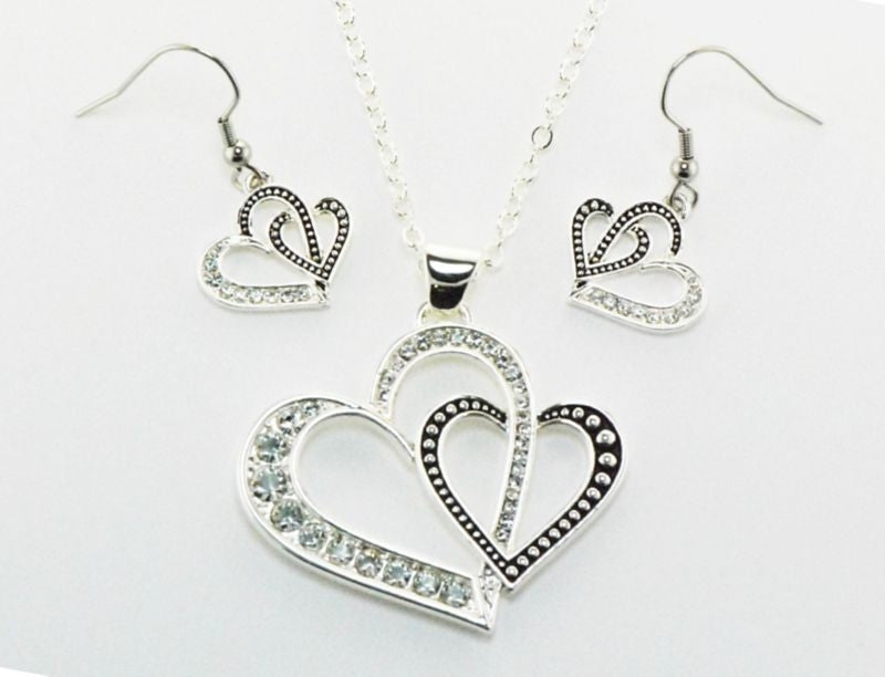 Western Edge Double Heart Jewelry Set Blk/Slvr