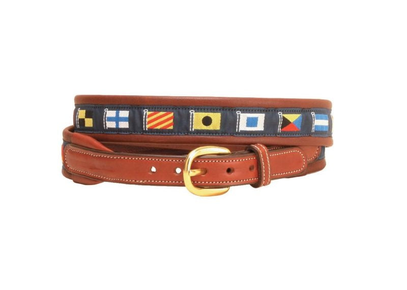 Tory Padded Leather Nautical Belt 26in Bk/Gry