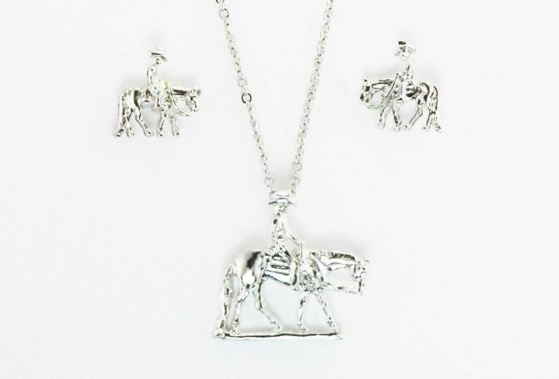 Western Pleasure Earrings/Necklace Set Rhodium