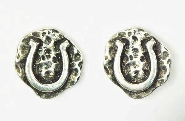 Horse Shoe On Hammered Background Earrings Silver