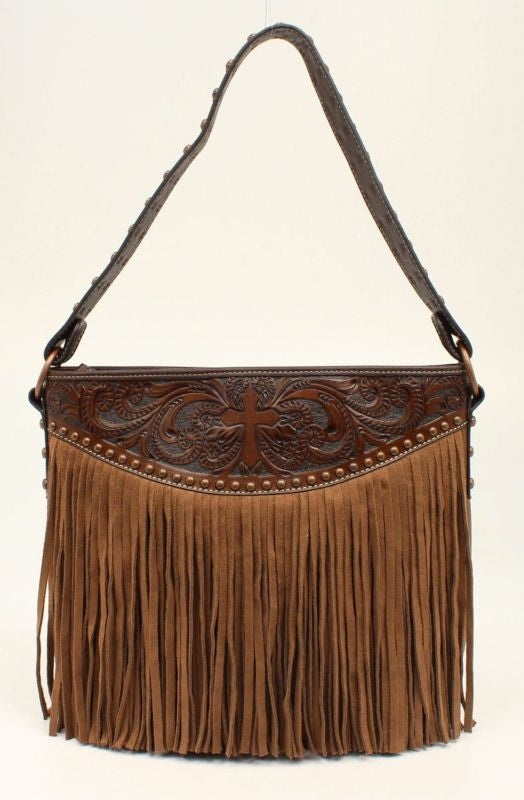 Nocona Amelia Cross Tooled Fringed ToteBk/Wh