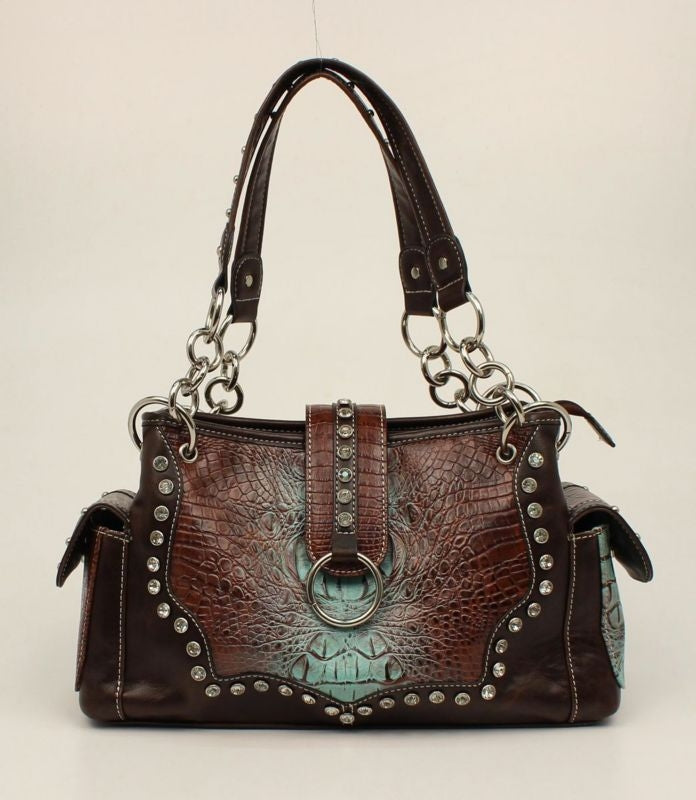 Nocona Carmel Croco Bling SatchelBk/Wh