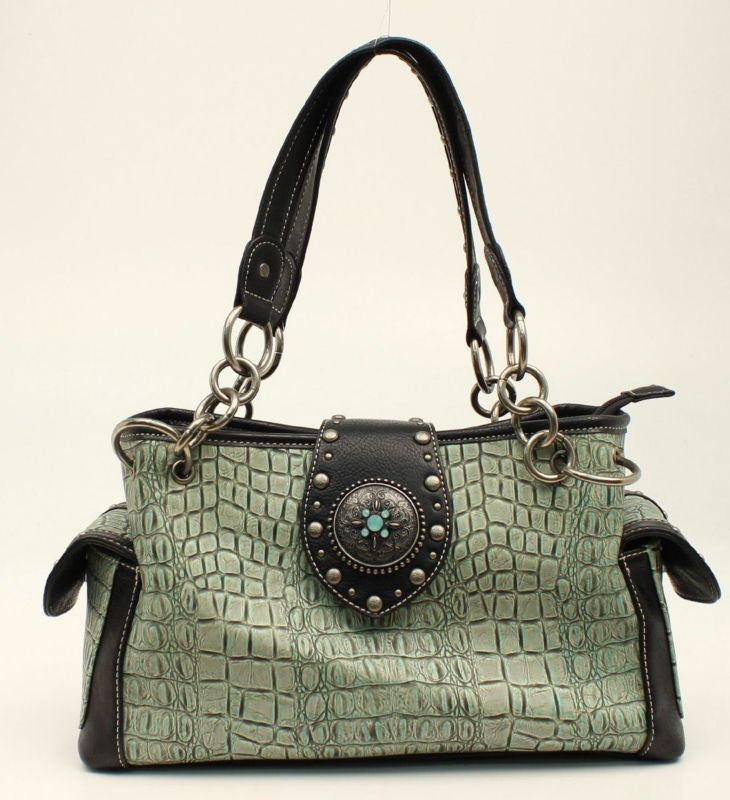 Nocona Desiree Croc And Concho Bling SatchelBk/Wh