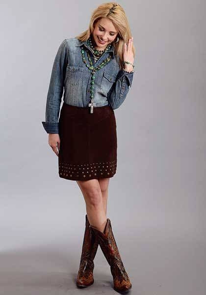 Stetson Ladies Suede Lamb Skirt With Nailheads 10 Brn