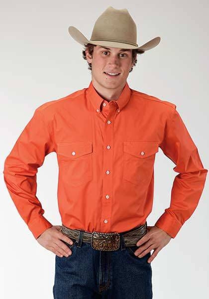 Roper Mens Solid Poplin LS Button Shirt Lg Org