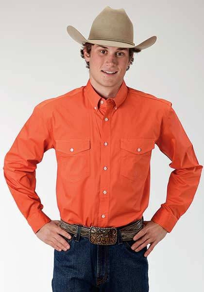 Roper Mens Solid Poplin LS Button Shirt Lg Org
