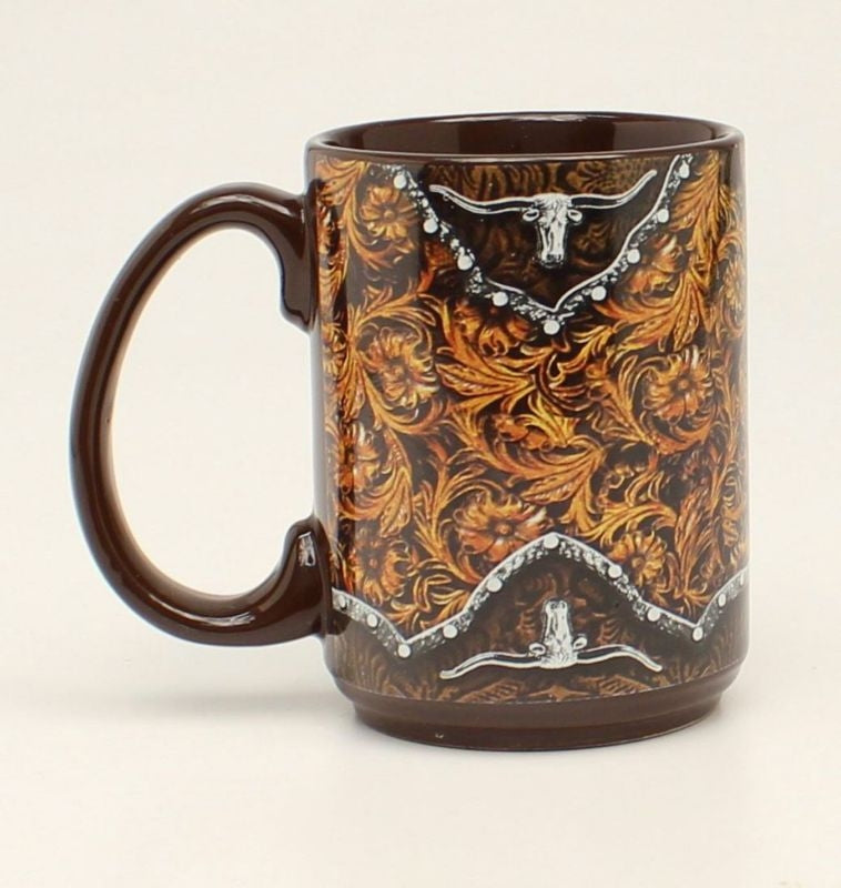 Western Moments Tooled Long Horn MugBrown