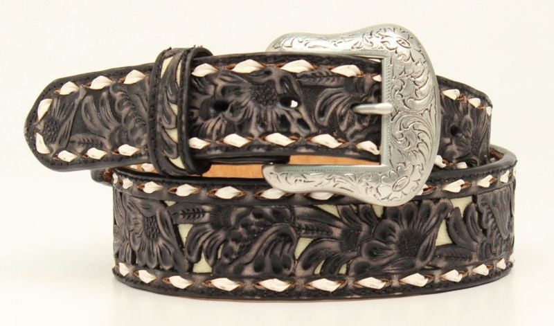 Nocona 1 7/8-1 1/2 Floral Embos Lace Belt 32 Black
