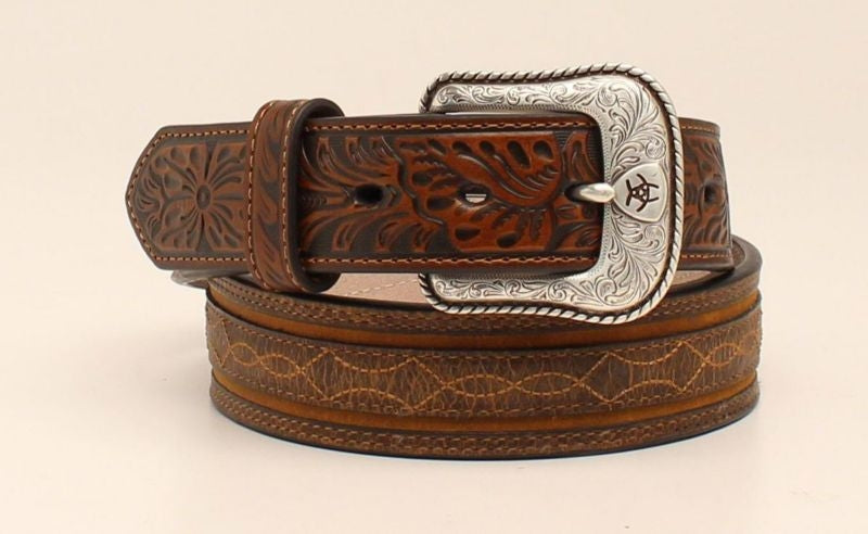 Embossed Tabs Barbwire Stitched Western Belt 32 Br