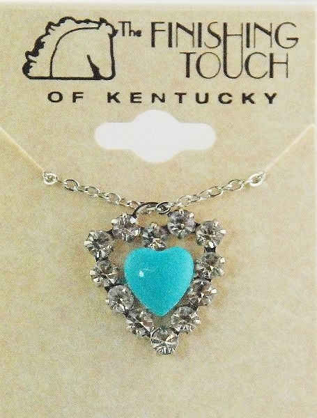 Turq Heart Framed/Crystal Heart Necklace 18 Silver