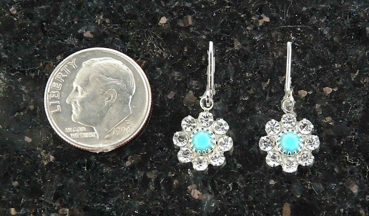 Flower Shaped Crystal And Turquoise Earring Silver