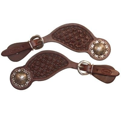 Tear Drop Spur Straps Fancy tooled Concho